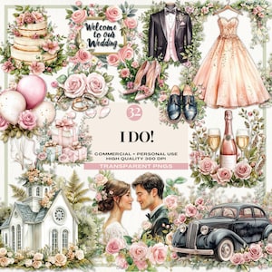 Clipart de novios en acuarela, colección de clipart de pareja de novios, clipart de recién casados por sublimación, invitación para el día de la boda PNG