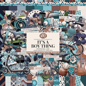 Digital Scrapbook Kit: Boy Sports, Games & Grunge Themed Papers and Elements, Instant Download