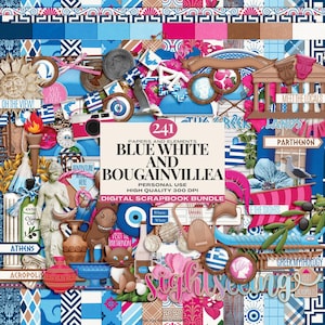 Lot de scrapbooking numérique de voyage en Grèce, éphémères de voyage en Méditerranée, papiers et éléments de journal de vacances en Grèce, scrapbooking de vacances d'été