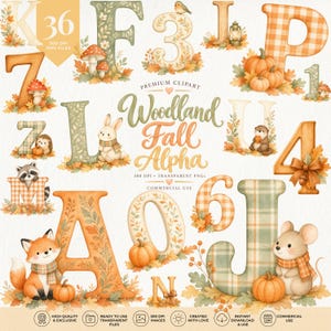 Op de afbeelding: Een digitale clipartcollectie genaamd Woodland Fall Alpha met letters en cijfers versierd met herfstbladeren, pompoenen, paddenstoelen en bosdieren zoals vossen, muizen en wasberen in oranje, groene en crèmetinten.