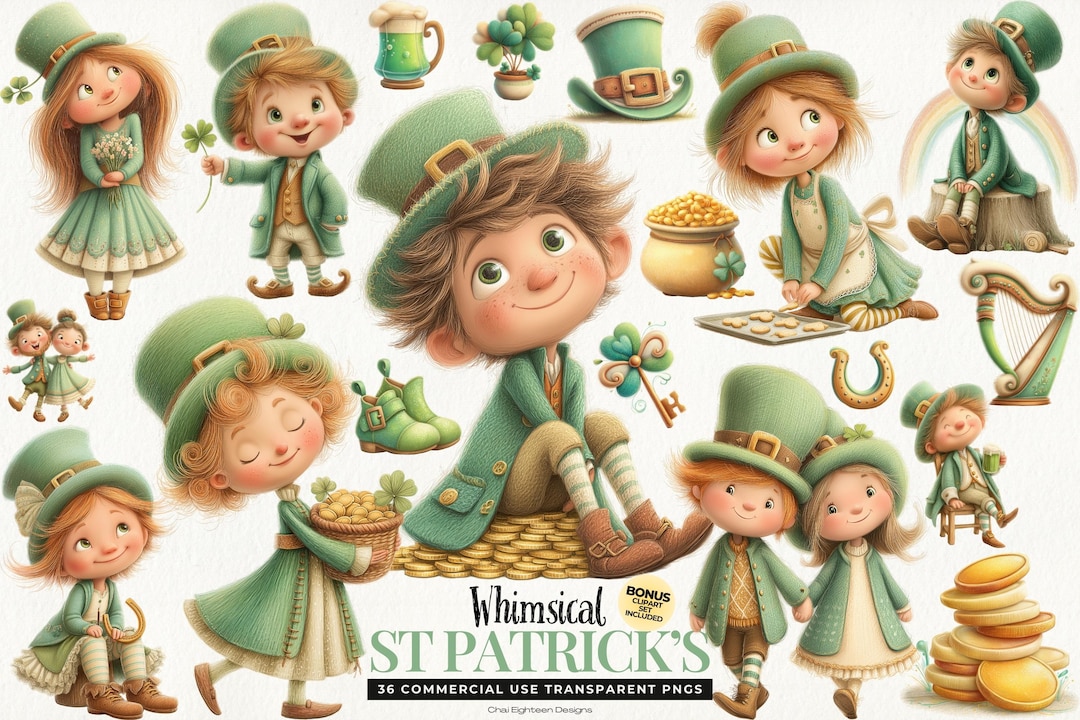 Whimsy Patrick St Patrick’s Day Clipart Set: 34 Whimsical Leprechaun Pngs, Digital ...