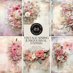 Papéis de diário de lixo de primavera vintage, páginas imprimíveis de diário de arte, botânico de primavera, colagem de mídia mista, chique gasto, diário de lixo natural