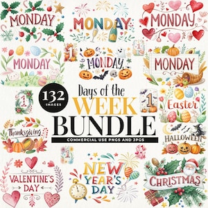 Days of the Week Clipart, Printable Daily Planner Pngs, Holiday Numbers & Labels for Calendars