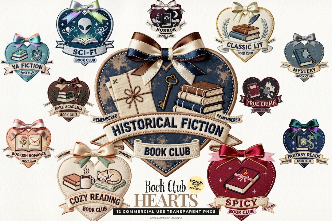 Book Club Hearts Clipart: 12 Bookish Faux Embroidery Badges, Digital ...