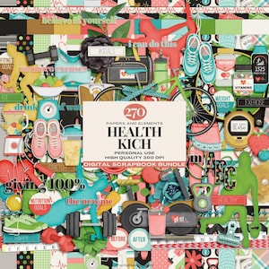 May include: A digital scrapbook bundle with a health and fitness theme. The image features various elements like dumbbells, a bicycle, running shoes, and motivational phrases. The text on the image says "Health Kich" and "270 Papers and Elements".