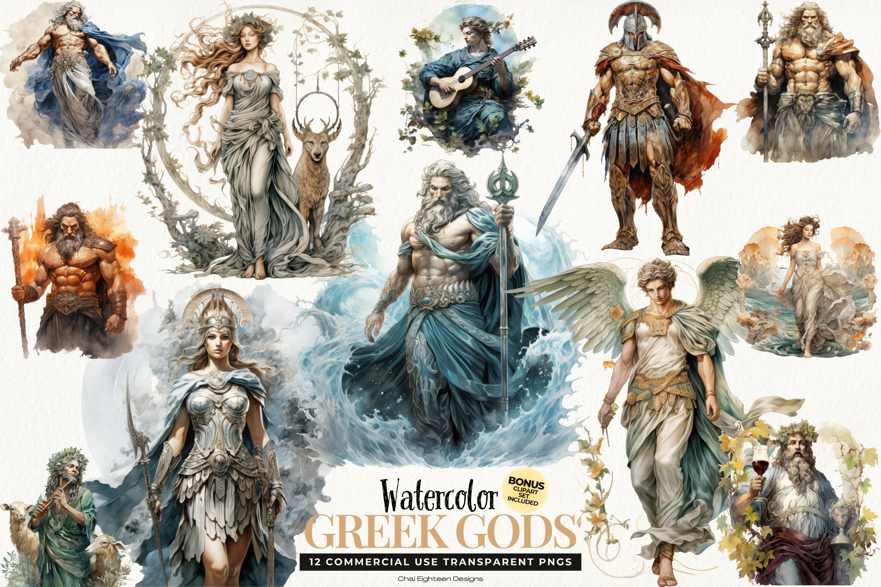 Watercolor Greek Gods Clipart Bundle, Mythology Themed Illustrations ...