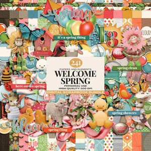 Paquete de scrapbooking digital de bienvenida a la primavera, decoración de Pascua de primavera, elementos de diario basura de Pascua, suministros de diario de temporada, elementos de granja