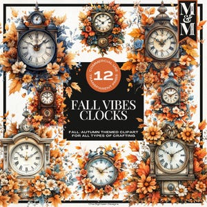 Vintage Herbst Uhren mit floralen Akzenten, Herbst Vibes Uhr Clipart PNG, Cottagecore saisonale Grafiken, rustikale Herbstdesign-Elemente, MnM3