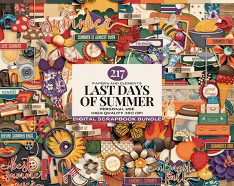 End of Summer Digital Scrapbooking Bundle, Last Days of Summer Clipart and Papers Collection, Travel Journal Elements Digital Download