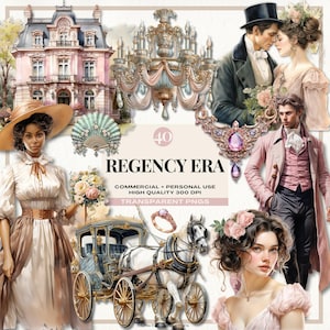 Clipart dell'era Regency, Clipart romantiche d'epoca, Clip art acquerello Regency, Immagini effimere vittoriane, Illustrazioni di moda Regency