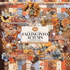 May include: A digital scrapbook bundle with the title "Falling into Autumn" featuring autumn-themed papers, elements, and graphics. The bundle includes images of leaves, pumpkins, sunflowers, and other fall foliage in shades of orange, brown, yellow, and red.
