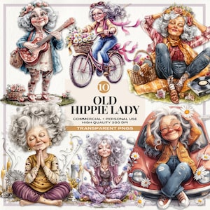 Bundle PNG Old Hippie Lady, Clipart grand-mère Boho, art numérique femmes senior groovy, graphique de personnes originales, Illustration aquarelle de femme plus âgée