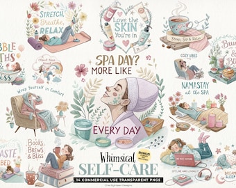 Self Care Clipart Bundle, 14 Watercolor Wellness Spa PNGs, Digital Download