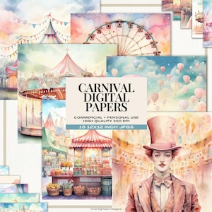 Paquet de papier numérique pastel carnaval, papiers de scrapbooking aquarelle cirque vintage, fond rose de fête foraine pour travaux manuels, invitations et décoration