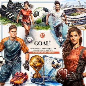 Clipart di scarpe da calcio, Clipart di calcio ad acquerello, png di pallone da calcio, portiere, stadio di calcio, immagini di calcio, grafica di attrezzature sportive