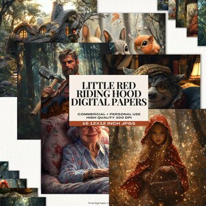 Little Red Riding Hood 12x12 Digital Papers, Fairytale-Themed Digital Backgrounds, Storybook Papers for Scrapbooking, Crafts, and Décor