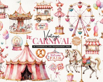 Vintage Carnival Clipart, Watercolor Circus PNGs, Digital Download