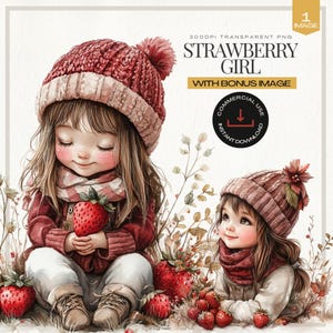 Duo de cliparts fille fraise, jolie fille d'hiver avec des fraises, clipart hiver douillet, image d'invitation anniversaire, illustrations sur le thème de la fraise