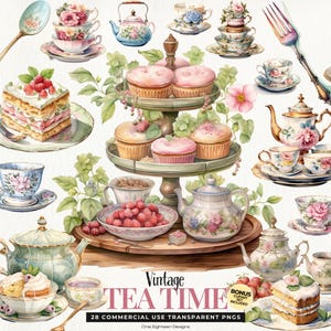 Clipart de taza de té vintage en acuarela, asiento de té floral, paquete para fiesta de té, taza de té con flores, tetera, soporte para tartas, uso comercial, descarga instantánea