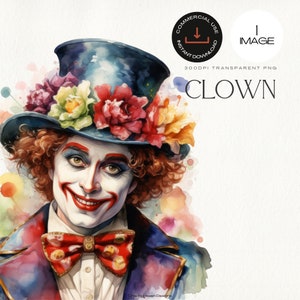 Clipart de acuarela de circo, clipart de payaso transparente, ilustración de payaso imprimible, payaso caprichoso para la decoración de la habitación de los niños, imagen única