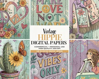 Kit de diario de estilo retro de los años 60 y 70, papeles digitales de chica hippie, páginas imprimibles estilo boho flower power, uso comercial.