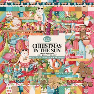 Christmas in July Digital Scrapbook Bundle, Tropical Holiday Papers and Elements, Beach Christmas Clipart, Summer Santa PNG, Xmas in the Sun