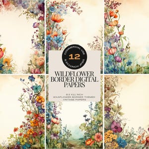Bordi per diario con fiori di campo acquerellati, carta stampabile con fiori di campo, diario con fiori primaverili, pagine per scrapbooking digitale shabby chic