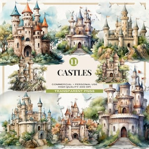 Aquarelle château de princesse des cliparts, royaume magique png, thème de princesse de décoration de chambre d'enfant, png de château de princesse de conte de fées, anniversaire de princesse