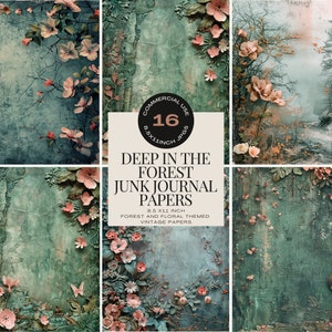 Carta digitale Forest Junk Journal, pagine di diario artistico del bosco, carta per scrapbooking con tema foresta magica, immagini di fiori della foresta, foresta incantata