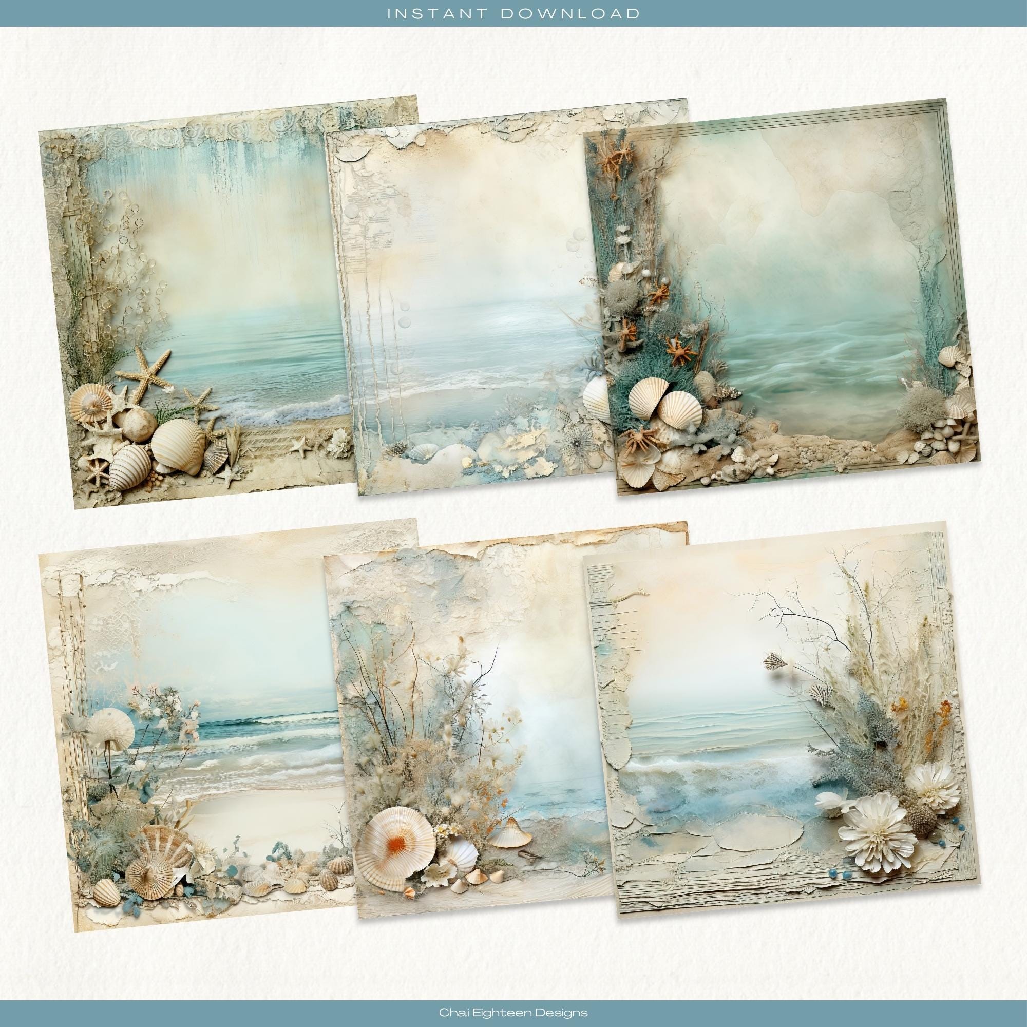 Vintage Coastal Beach Digital Papers, Ocean Scrapbook Backgrounds ...