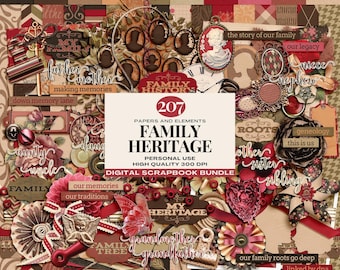 Ancestry Family Tree Digital Scrapbook Bundle, Genealogy Junk Journal Papers & Elements, Vintage Family Heritage Memory Kit
