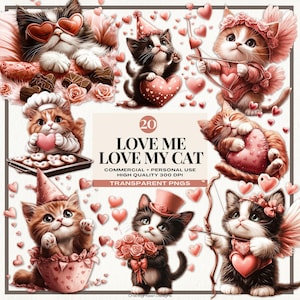 Aquarelle mignon chaton de la Saint-Valentin Clipart, drôle de chat PNG, dessins de sublimation pour les amoureux des chats, cadeau papa et maman chat pour la Saint-Valentin