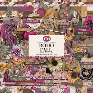 Paquete de álbumes de recortes digitales bohemios de otoño, colección de álbumes de recortes bohemios de otoño, kit de scrapbooking bohemio de otoño, diario de otoño bohemio de temporada