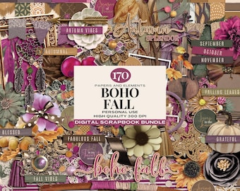 Boho Fall Digital Scrapbook Bundle, Autumn Boho Scrapbook Collection, Bohemian Fall Scrapbooking Kit, Seasonal Boho Autumn Junk Journal