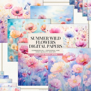Aquarela Flores Silvestres Junk Journal Página Imprimível Florais de Verão Ilustrações Art Journal Papéis Digitais Pastel Flores Silvestres Meadows Paper