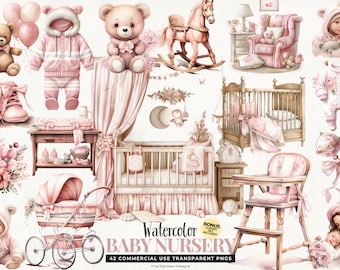 Clipart chambre de bébé, 42 aquarelle Baby Shower Decor PNG, sexe fille révéler, téléchargement numérique