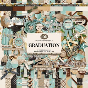 Digitales Scrapbook-Bundle zum Schulabschluss, 166 Elemente und Papiere, Grafiken für Mützen und Umhänge, Klasse von .... Verzierungen, Erinnerungsbuchdekorationen