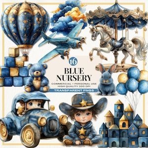 Clipart de carrossel azul aquarela, clipart azul para chá de bebê, pônei de carrossel vintage, decoração de berçário PNG, clipart de convite para chá de bebê menino