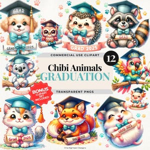 Clipart di animali di laurea in stile Chibi PNG, ClipArt di animali carini, Classe del 2025, Decorazioni per la laurea in asilo nido, Decorazioni per biglietti con divertenti animali kawaii