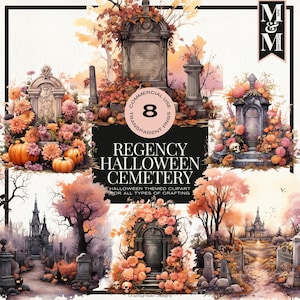 Regentschap tijdperk thema Halloween begraafplaats clipart, kerkhof grafsteen PNG, Halloween herfst decor, elegante seizoensgebonden clipart, bloemen graf MnM1