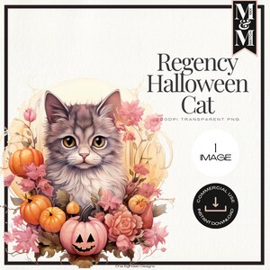 Imágenes prediseñadas de Halloween con temática de gatos de la época de la regencia, imágenes de otoño y otoño, arte de Acción de Gracias, imágenes prediseñadas elegantes de temporada, decoración de gatos de Halloween, MnM1