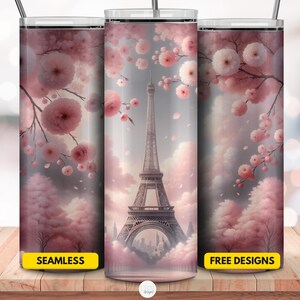Envoltura para vaso de París, diseño de sublimación para vaso delgado de 20 oz de la Torre Eiffel de Francia, gráfico de flor de cerezo con horizonte de París, flores parisinas en formato PNG