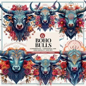 Boho Bull Clipart, Clipart Floral Boho, Illustrations du signe du zodiaque, icône du zodiaque Boho taureau, imprimé animal Boho, graphique signe astrologique