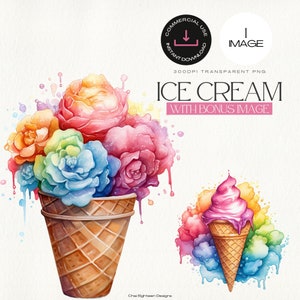 水彩レインボーアイスクリームコーン、冷凍デザートのイラスト、アイスクリームカートのクリップアート、夏のグラフィック、ボーナス画像付きのシングルクリップアート
