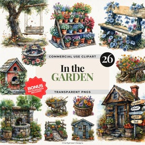 Cottage jardin des cliparts, aquarelle jardinage Png Bundle, art numérique du potager, jardin en bois signe des cliparts, jardin printemps été