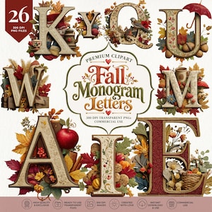 Puede incluir: Una colección de letras decorativas K, Y, Q, U, W, M, A, I y E, adornadas con elementos temáticos de otoño como hojas, bellotas, setas, manzanas y flores. El texto central dice Premium Clipart Fall Monogram Letters.