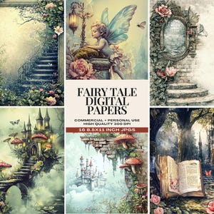Fairy Tale Digital Paper JPG, Fantasy Castle Backgrounds, Magical Forest Scenes, Enchanted Fairy Collage Printables, Vintage Floral Ephemera