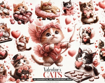 Valentine Cat Clipart, Kitten Love PNG's, Romantic Animal Graphics, Digital Download
