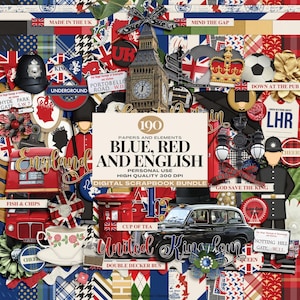 Peut inclure: Un pack de papier numérique pour scrapbooking avec 190 papiers et éléments, avec un thème de couleurs rouge, blanc et bleu, avec des images de monuments londoniens, dont un bus à impériale, Big Ben et une cabine téléphonique rouge. Le texte "Blue, Red and English" est présenté au centre de l'image.