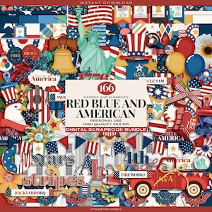 Pacote de scrapbooking digital dos Estados Unidos, vermelho, azul e estátua da liberdade americana, quatro de julho, coisas efêmeras americanas para impressão